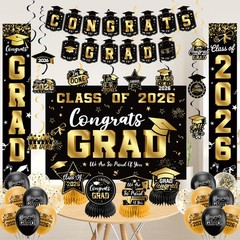 Graduation Decorations 2026 Set Black Gold, 60 inches x 40 inches, Gold