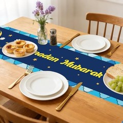 Ramadan Table Runner, 183x33cm/72x13in Blue Yellow Lantern Flower Tablecloth