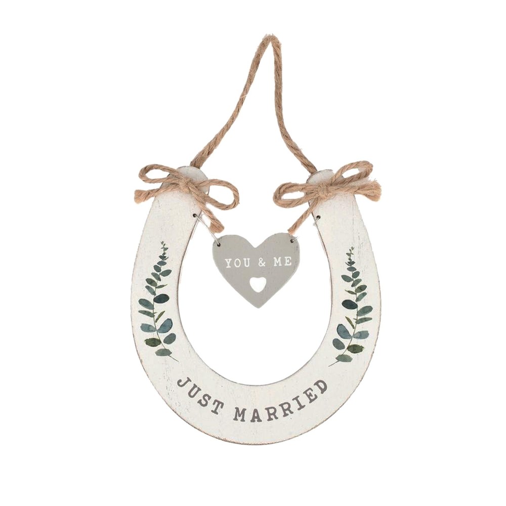‘Just Married’ Wedding Horseshoe White with Hanging Heart
