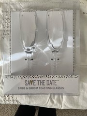 Darice Save The Date Bride Groom Champagne Wine Stem Flute Goblets Glasses