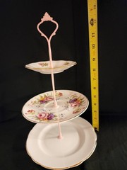 3 Tiered Tray Floral Roses on White Mismatched Pattern Gold Trim Pink Handle