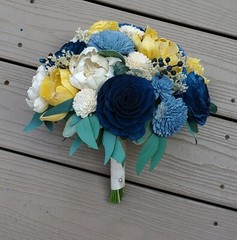 Dusty Blue Yellow Gold Navy Sola Wood Bridal Bouquet Bridesmaid Wedding Flowers