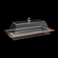 Acrylic Cake Stand With Lid Rectangular Clear Gold Trim 50 × 28 cm