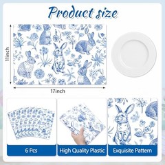 6 Pcs Blue White Easter Placemats Set Plastic Place Mat Retro Bunny Rabbit