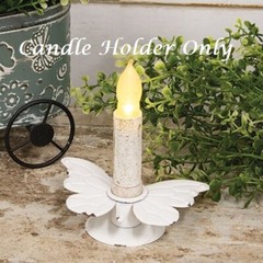 NEW SHABBY WHITE BUTTERFLY Taper Candle Holder 4.5″W Metal Chippy Cottage Chic
