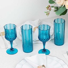 OCEAN BLUE 6 Plastic 8 oz Crystal Cut Goblets WINE GLASSES Party Events