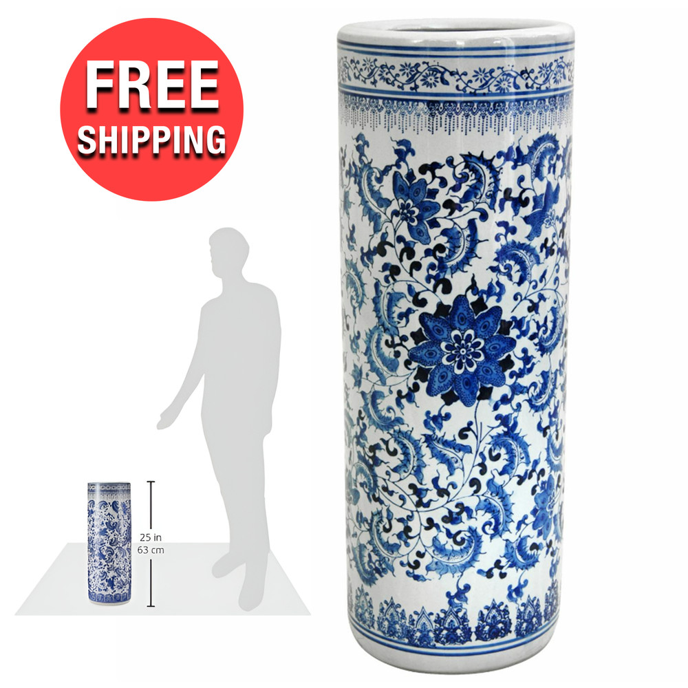 24″ Blue & White Extra Tall Waterproof Porcelain Entry Hallway Umbrella Stand