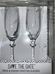 Darice Save The Date Bride Groom Champagne Wine Stem Flute Goblets Glasses