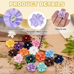 100 Pcs Ribbon Flowers, 1.2 in Fabric Flowers with Rhinestones, Lavender