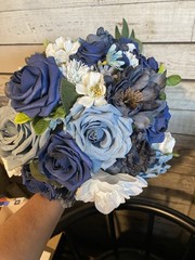 Dusty Blue, Navy and White Bridal Bouquet With Matching Boutonnière
