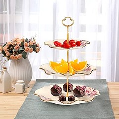 3-Tier Floral Royal Cupcake Stand, Vintage Fruit Plate with Gold Trim,
