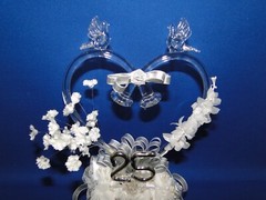 New Elegant Blown Glass heart, twin bells, 25th Wedding Anniversary Caketop #45