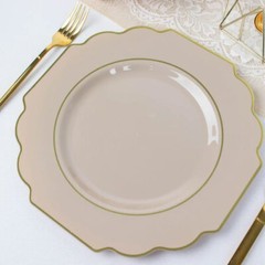 10 Taupe 12″ Baroque PLASTIC DINNER PLATES with Gold Rim Party Event Decorations