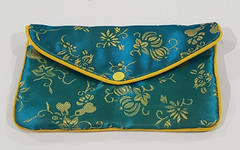 xLg 4×6.5″ Blue-Green gold Flower Chinese Fabric Jewelry Charm Zipper Pouch Euc