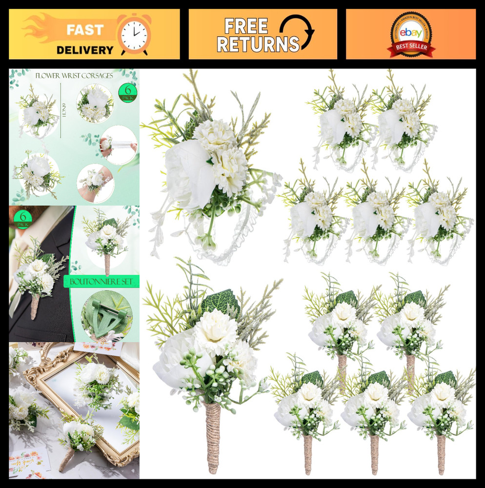 12 Pcs 6″ Artificial Rose Wedding Corsage & Boutonniere Set for Prom & Parties