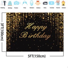 5x3ft Black And Gold Happy Birthday Banner Backdrop Decorations Golden Sparkl…
