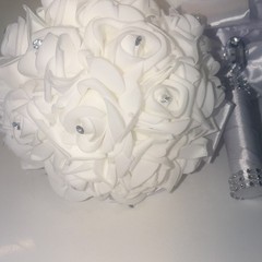2x Artificial White Rose Wedding Bouquets w/ Silver Satin Ribbon & Rhinestones