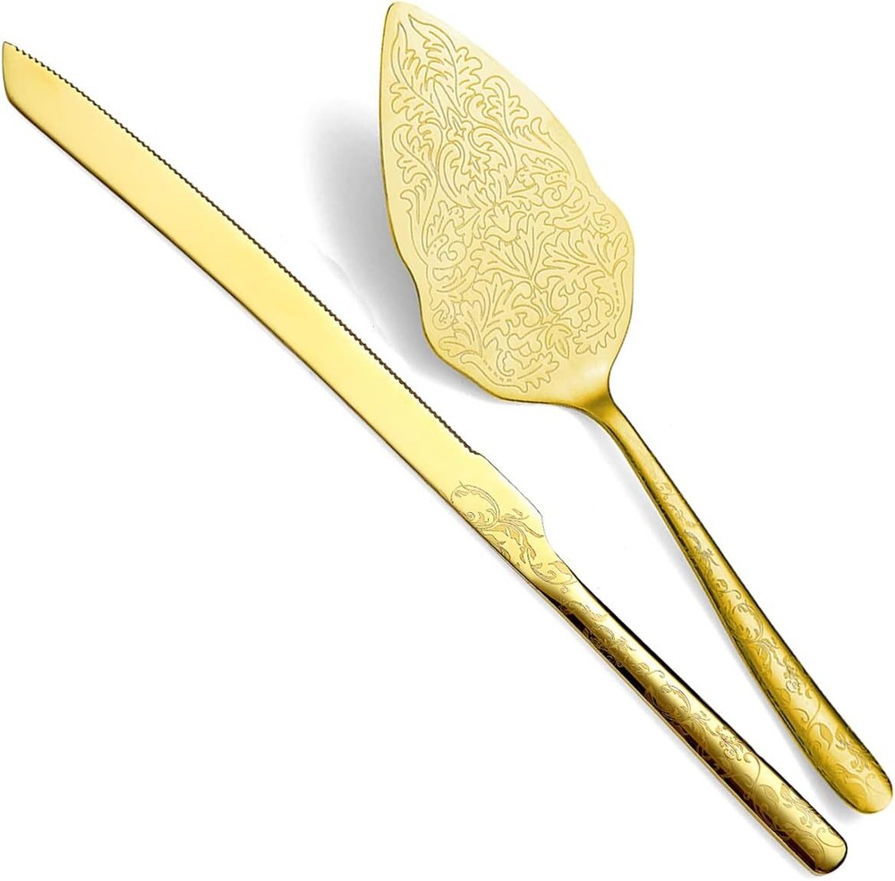 Gold Wedding Cake and Server Set, Titanium Gold Plating with Unique Pat…