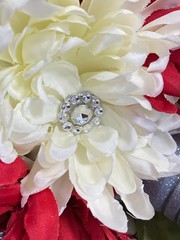 2 Silk Flower Bouquets Red/Ivory/Green w/Rhinestones & Faux Pearls 2 piece set