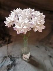 7 Handmade Paper Flowers on stems (White w/Purple tips) for Wedding, Valentine’s