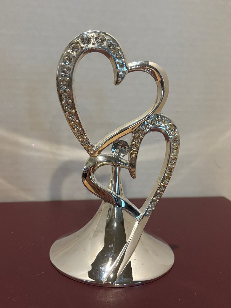2010 Studio His & Hers Wedding Cake Topper 886705 Double Heart Silver Rhinestone
