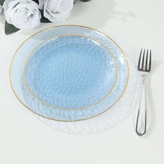 TRANSPARENT DUSTY BLUE 10 Glossy 10″ Round Plastic Salad PLATES GOLD Rim Party