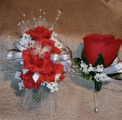 NEW 6″ Artificial Red Rose Wrist Corsage Pearls, Butterfly Silver Bow Red Bout