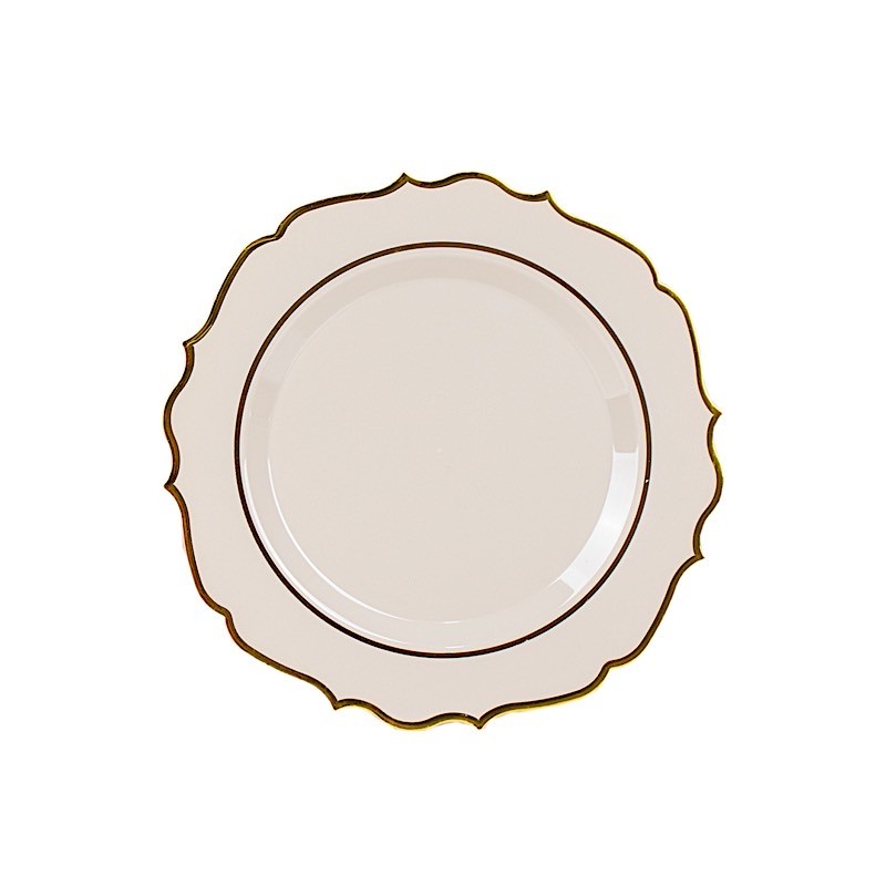 8″ Taupe Round Dessert Plates With Gold Scalloped Rim Party Wedding Tableware