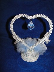 New White Pearl & blue bead Heart with tulle & white floral Wedding CakeTop 416