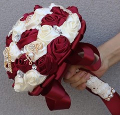 Sharebeauty 5.9 Inch Handmade Bridal Bouquet Burgundy Ivory Rose Wedding