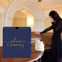 Navy Blue Celebration of Life Card Box with Gold Lettering, Share a Memory Funer