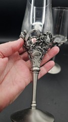 Pair Pewter Glass Champagne Flutes Roses Grapes Wedding Toast Goblets