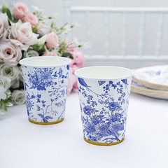 24 WHITE 9 oz Blue Floral Design Paper CUPS GOLD Rim Party Events Decorations