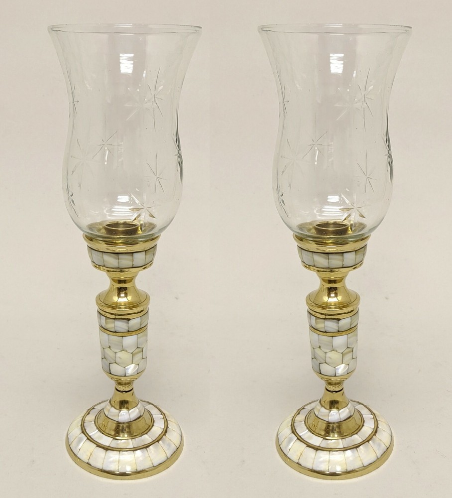 Candle Holder Brass Mother of Pearl Inlay Glass Hurricane 4.5″Dia 13″High Set/2