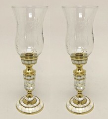 Candle Holder Brass Mother of Pearl Inlay Glass Hurricane 4.5″Dia 13″High Set/2