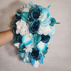 Teal White Rose Calla Lily Bridal Wedding Bouquet Accessories