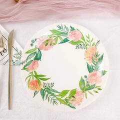 25 White 9″ Round Paper Plates with Flower Wreath Design Disposable Tableware