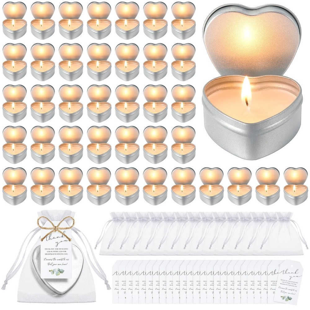 50 Sets Wedding Candle Favors – Heart Shaped Unscented Tea Lights with Gift Bags