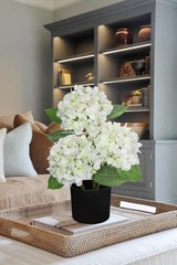Hollyone White Hydrangea Artificial Flowers in Pots 19.7″ Faux Silk Hydranges…