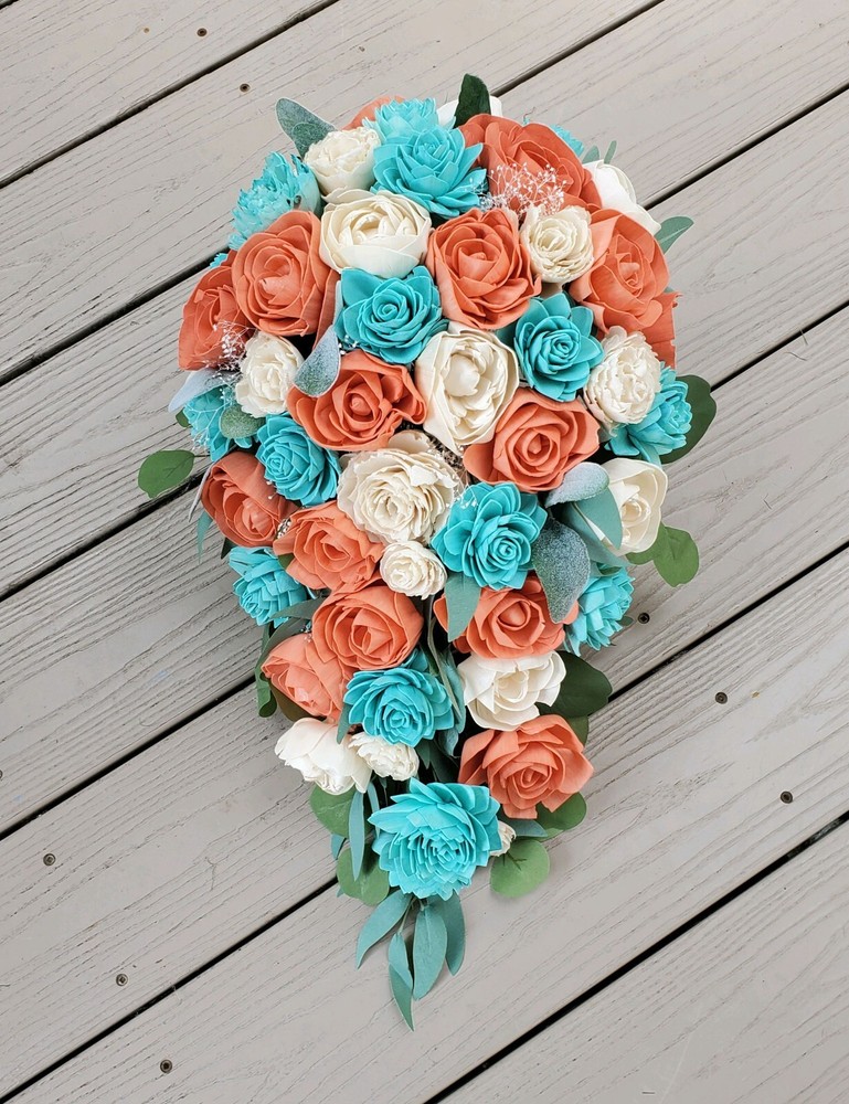 Coral Turquoise Bridal Bouquet Sola Wood Cascade Blue Tropical Wedding Flowers