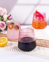 30 Pack Pink Plastic Ribbed Wine Glasses, 12 OZ Origami Stemless Disposable