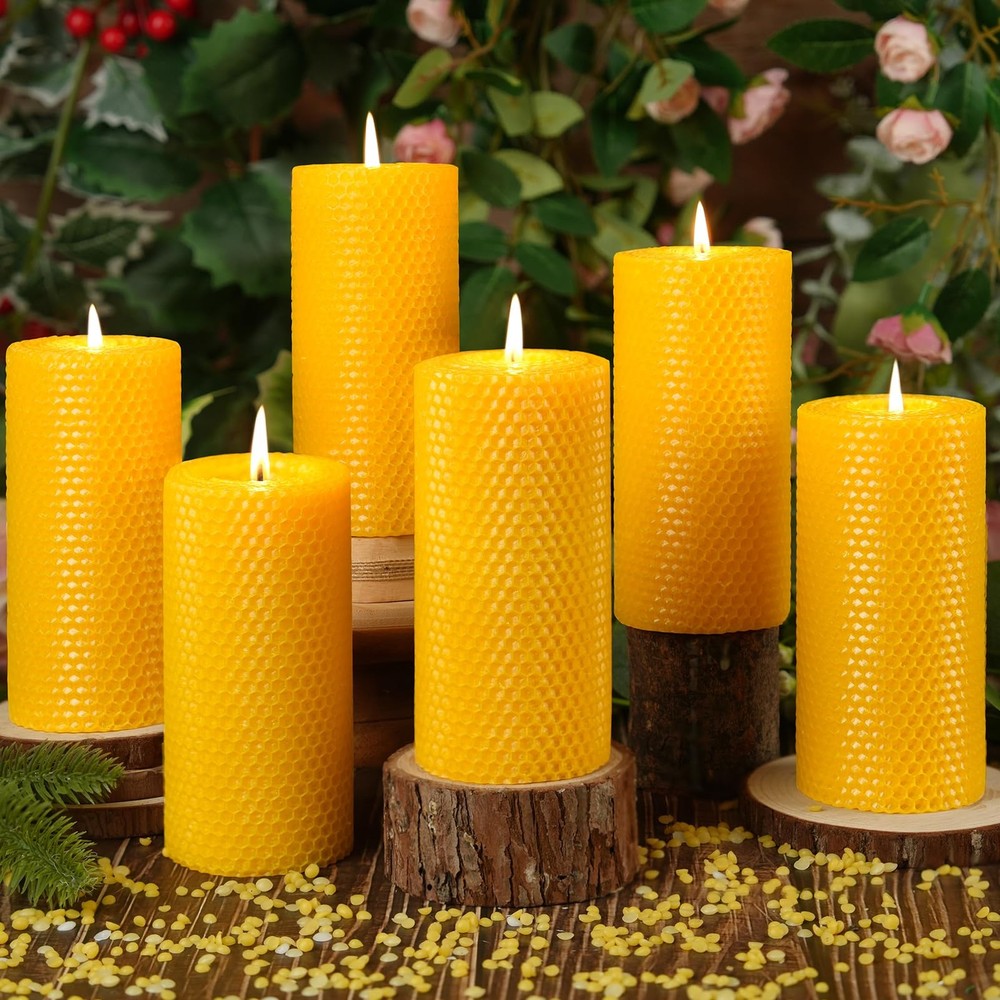 Makalone 6 Pack Natural Beeswax Pillar Candles2.8X6In Handmade Beeswax Rolled