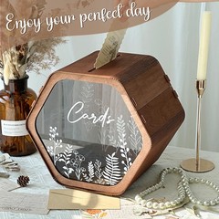 Hexagon Brown Wooden Wedding Card Box Envelope Money Floral Print Rustic Decor