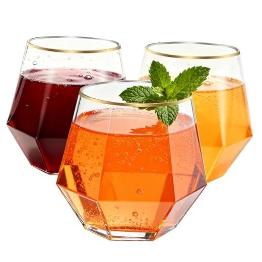 40 Pack 12oz Diamond Plastic Wine Glasses with Gold Rim, Disposable Stemless
