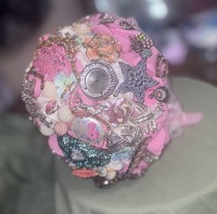 Handmade Pink Silk Flower And Antique Brooch Wedding Bouquet For Bride