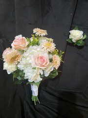 White, Pink And Champagne Pink Wedding Bouquet With Matching Boutonnière.
