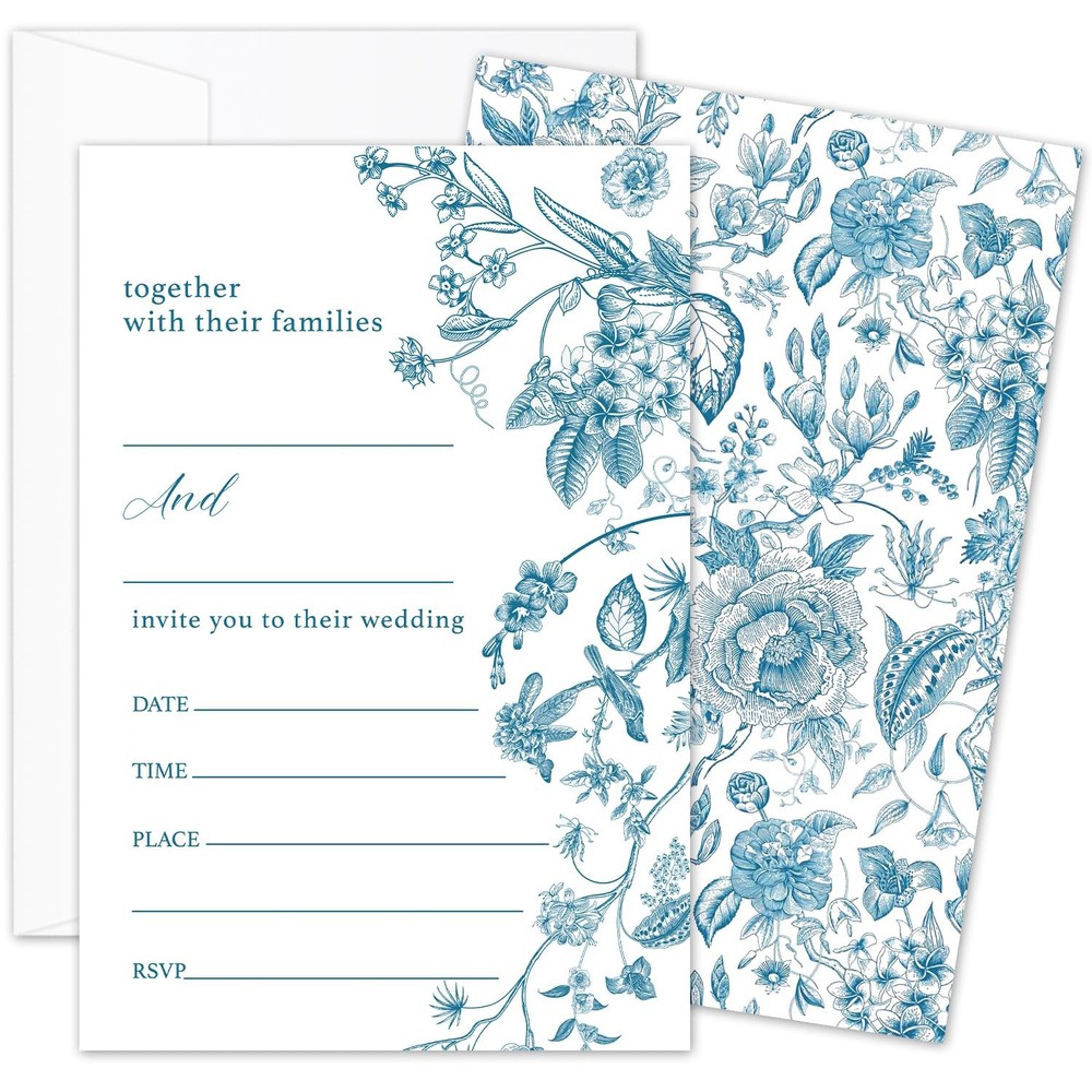 TRKAE Floral Dusty Blue Wedding Invites, 25 4 X 6 Inches, Floral-08