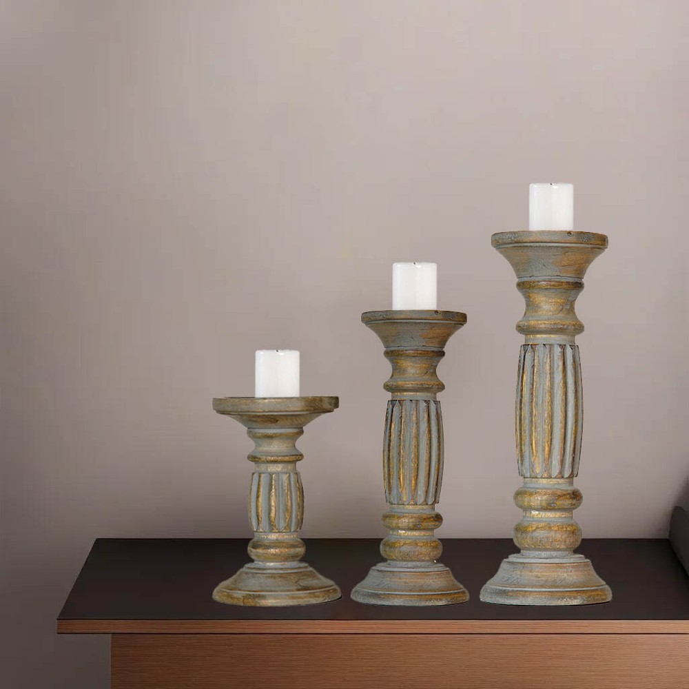 Handmade Eco-Friendly Gray Wash Mango Wood Set Of Three Pillar Candle Holder BBH