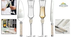 Wedding Cake Knife and Server Set with Rhinestone Champagne Flutes Gift Set