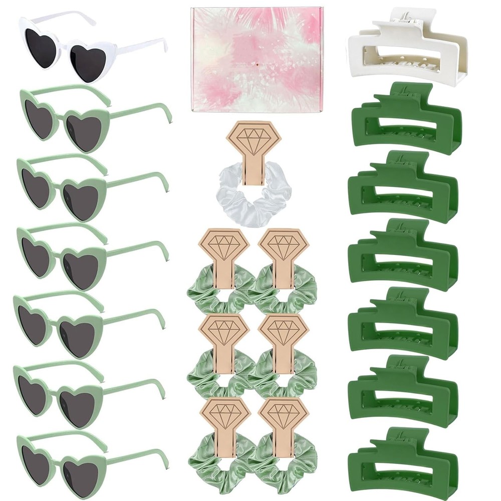 21pc Bridesmaid Proposal Gift Set Sage Green Scrunchies Hair Clips Sunglasses